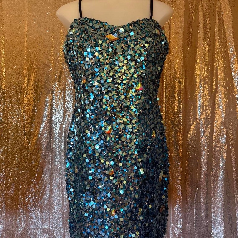 Blue Iridescent Sequin Mini Dress Sleeveless Party Event Glamour Women/Sizes S-M